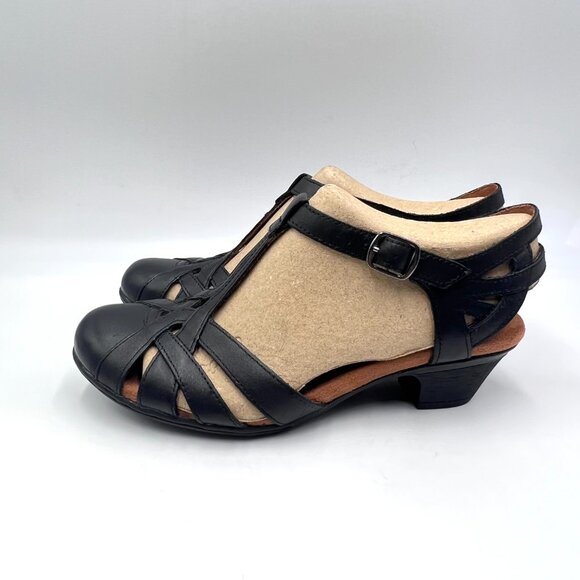 8N 8 NARROW WIDTH Cobb Hill Aubrey Black Leather T-Strap Block Heels Shoes - Picture 6 of 15